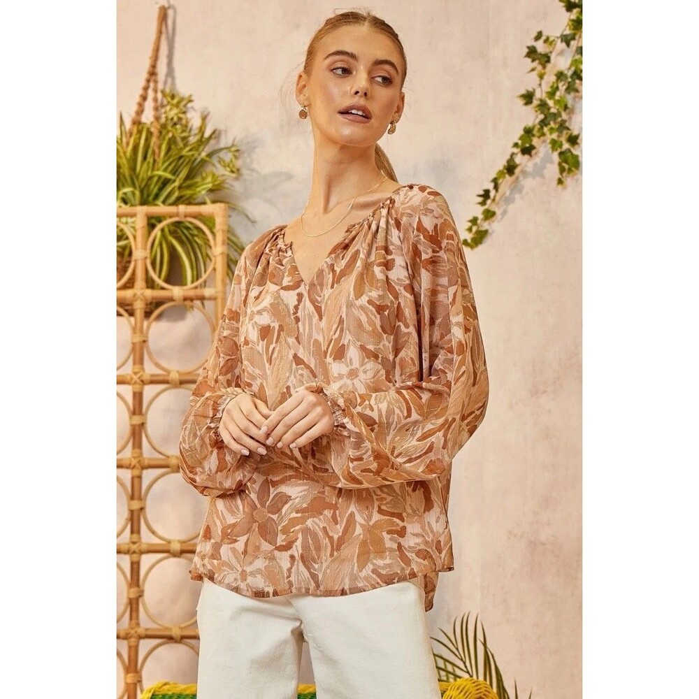 INDIGO SOUL Watercolor Neutral Shimmer Floral Blouse Women's Art Flowy Large